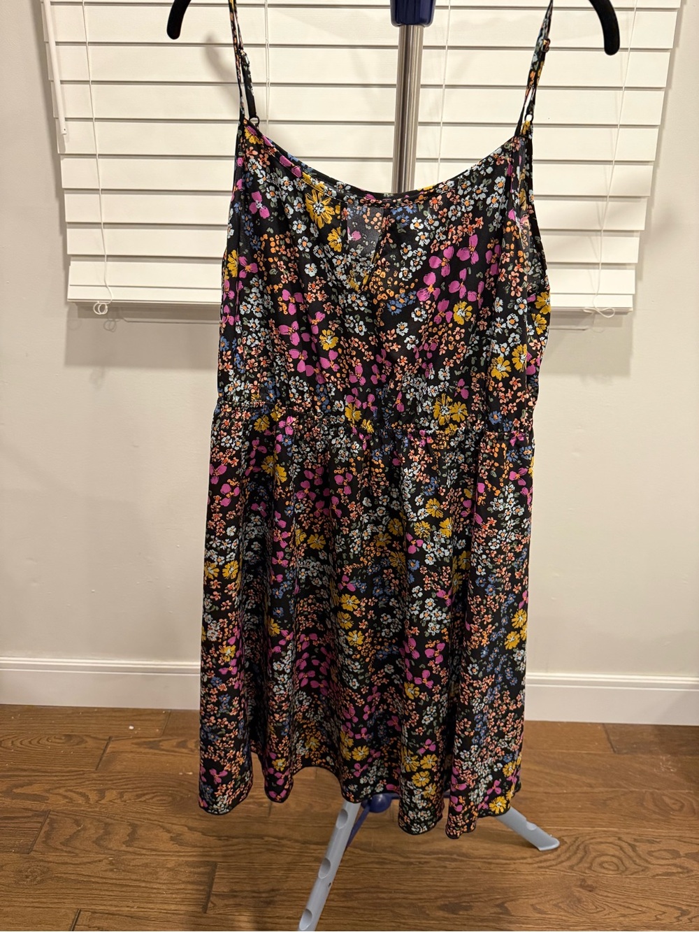 Black Floral Spaghetti-Strap Skirt with Pink & Yellow Accents